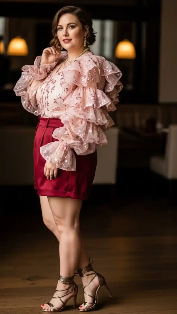 17+ Flattering Plus-Size Valentine’s Day Outfits Women Will Adore 17 attractive-blouse-with-shorts-and-heels