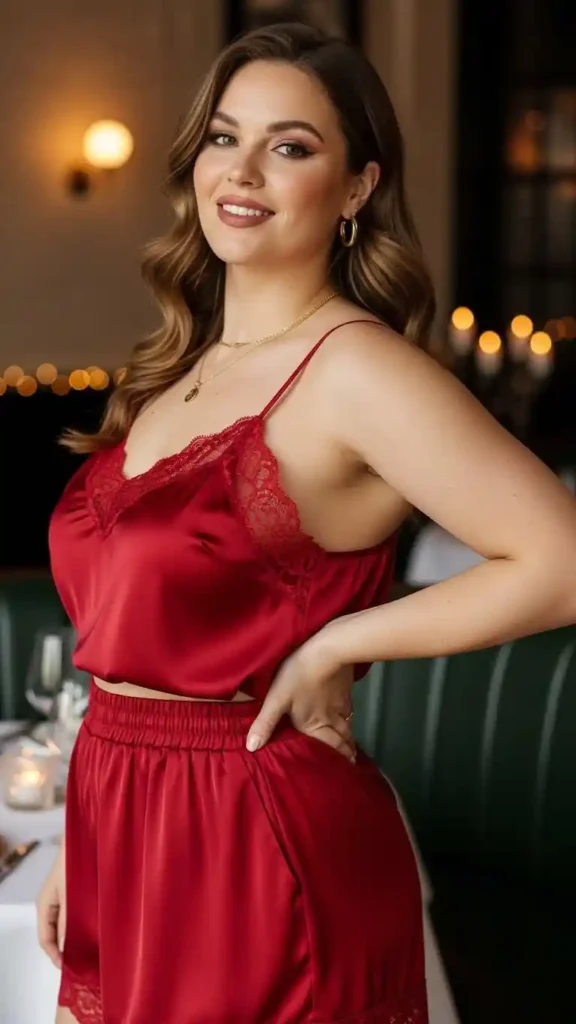 17+ Flattering Plus-Size Valentine’s Day Outfits Women Will Adore 16 elegant-matching-top-and-shorts-set