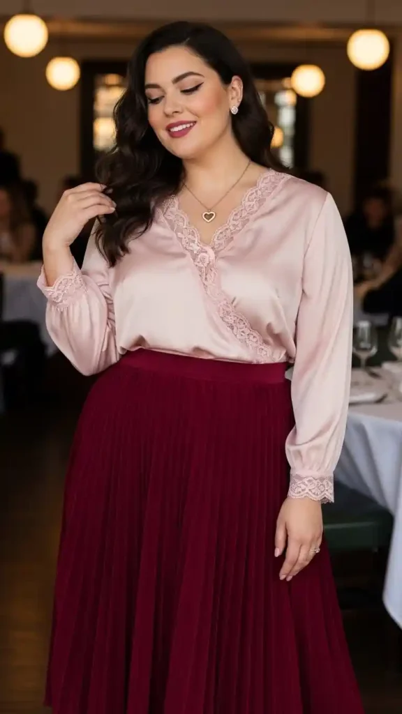 17+ Flattering Plus-Size Valentine’s Day Outfits Women Will Adore 5 elegant-top-with-skirt-combo