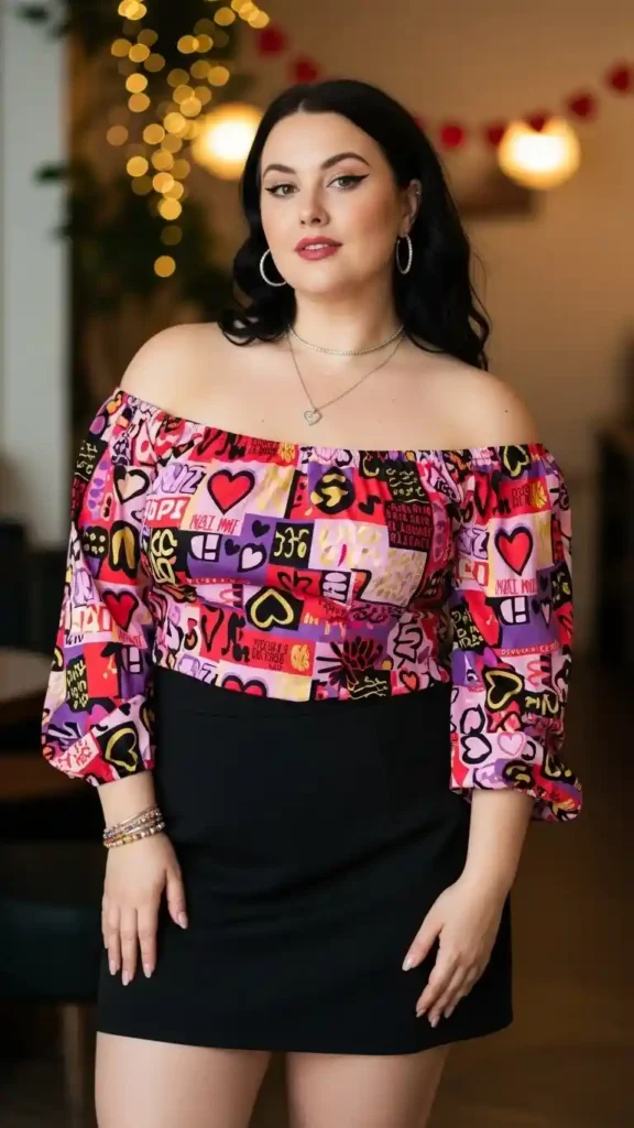 17+ Flattering Plus-Size Valentine’s Day Outfits Women Will Adore 7 multi-color-graphic-off-shoulder-top-with-mini-skirt