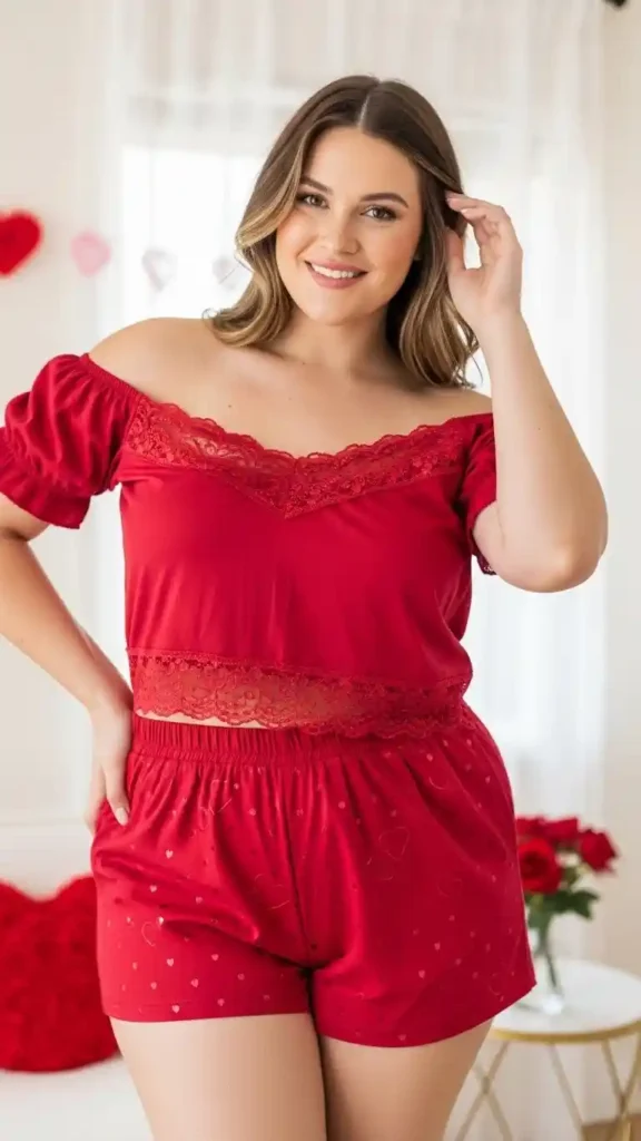 17+ Flattering Plus-Size Valentine’s Day Outfits Women Will Adore 3 off-shoulder-matching-top-with-shorts