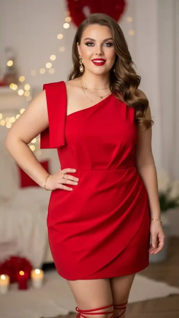 17+ Flattering Plus-Size Valentine’s Day Outfits Women Will Adore 18 one-shoulder-red-mini-dress