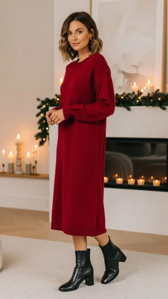 red-midi-dress-with-black-ankle-boots