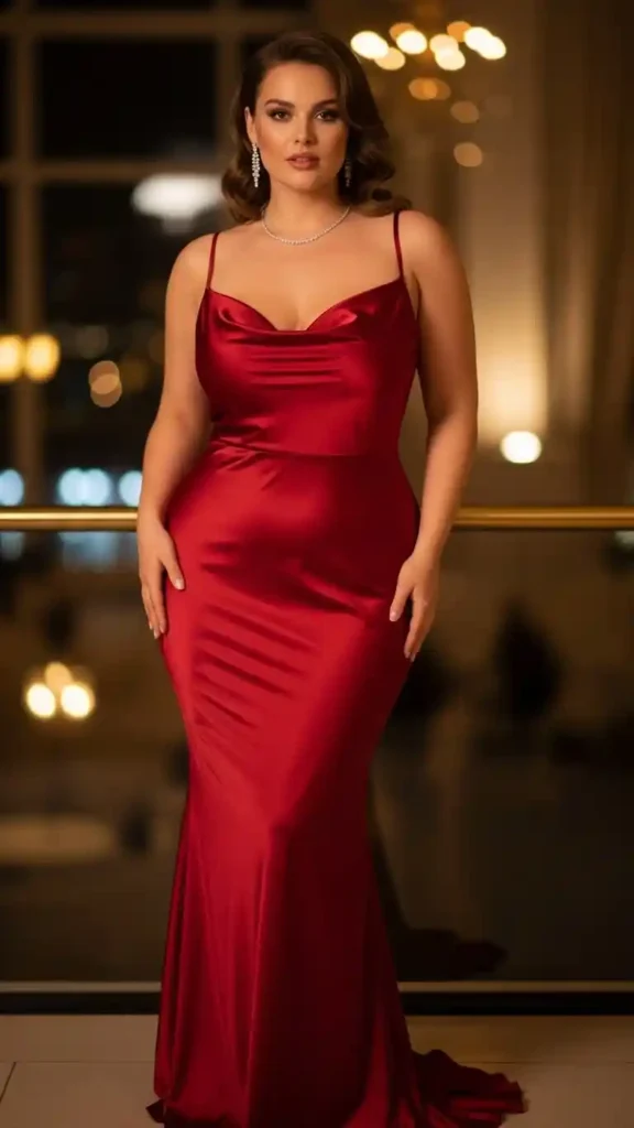 17+ Flattering Plus-Size Valentine’s Day Outfits Women Will Adore 9 silk-red-skinny-dress