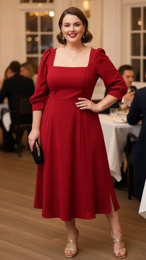 17+ Flattering Plus-Size Valentine’s Day Outfits Women Will Adore 15 square-neck-midi-dress-with-heel-sandals