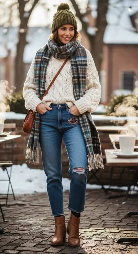 15 Cozy and Practical Winter Outfit Ideas to Stay Warm and Chic 16 Chunky-Knit-Sweater-with-Midi-Jeans