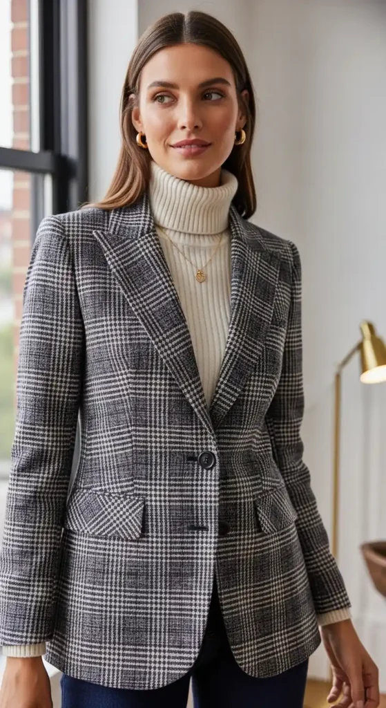 16 Winter Outfits For Work Ideas To Transform Your Office Style 3 classic-plaid-blazer-turtleneck