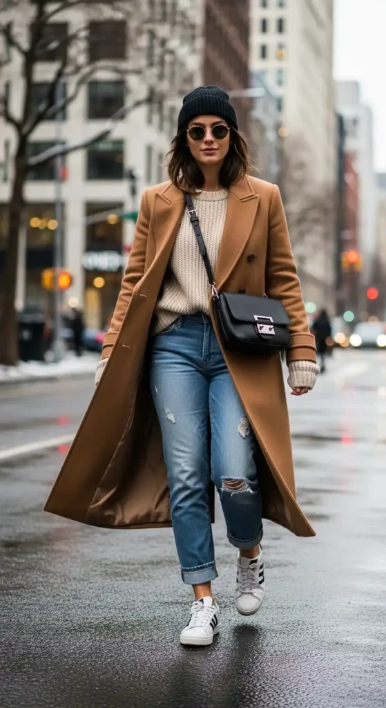 double-breasted-coat-with-jeans-and-sneakers