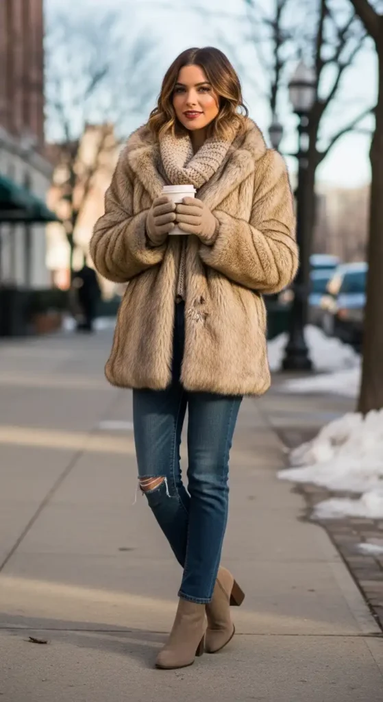 15 Cozy and Practical Winter Outfit Ideas to Stay Warm and Chic 12 faux-fur-coat-with-jeans