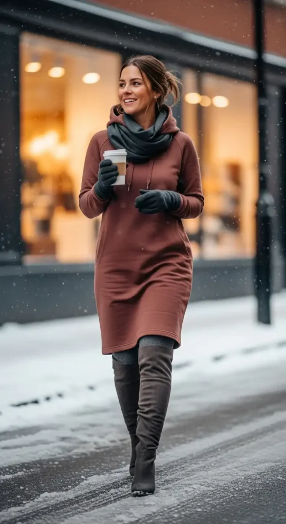15 Cozy and Practical Winter Outfit Ideas to Stay Warm and Chic 15 hoodie-dress-with-tight-and-boot