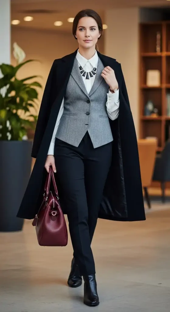16 Winter Outfits For Work Ideas To Transform Your Office Style 12 layered-vest-crisp-blouse