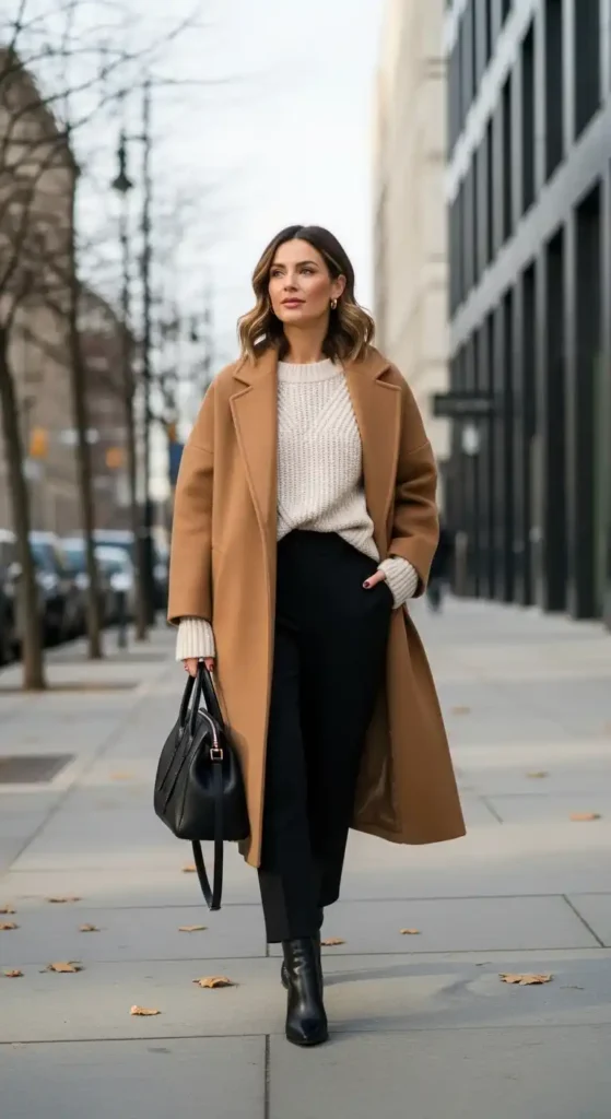 16 Winter Outfits For Work Ideas To Transform Your Office Style 2 oversized-camel-coat-cream-knit
