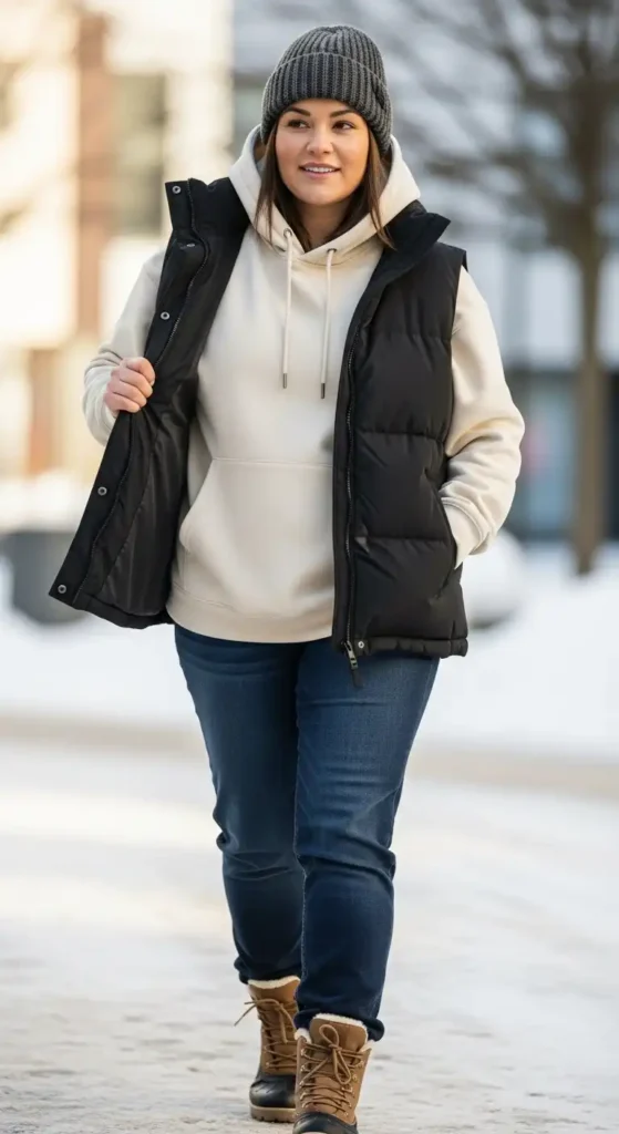 15 Cozy and Practical Winter Outfit Ideas to Stay Warm and Chic 11 puffer-vest-over-hoodie-1