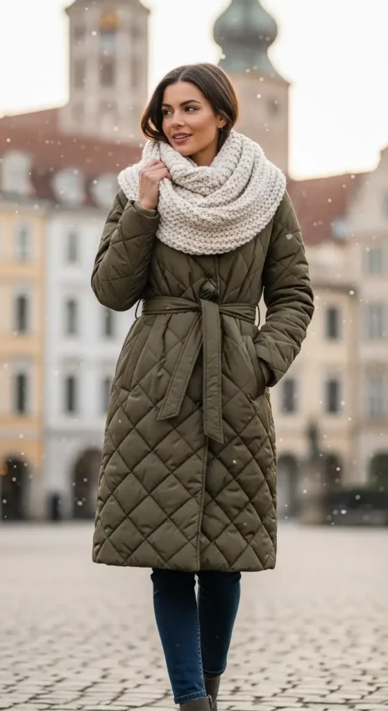15 Cozy and Practical Winter Outfit Ideas to Stay Warm and Chic 14 quilted-coat-with-scarf