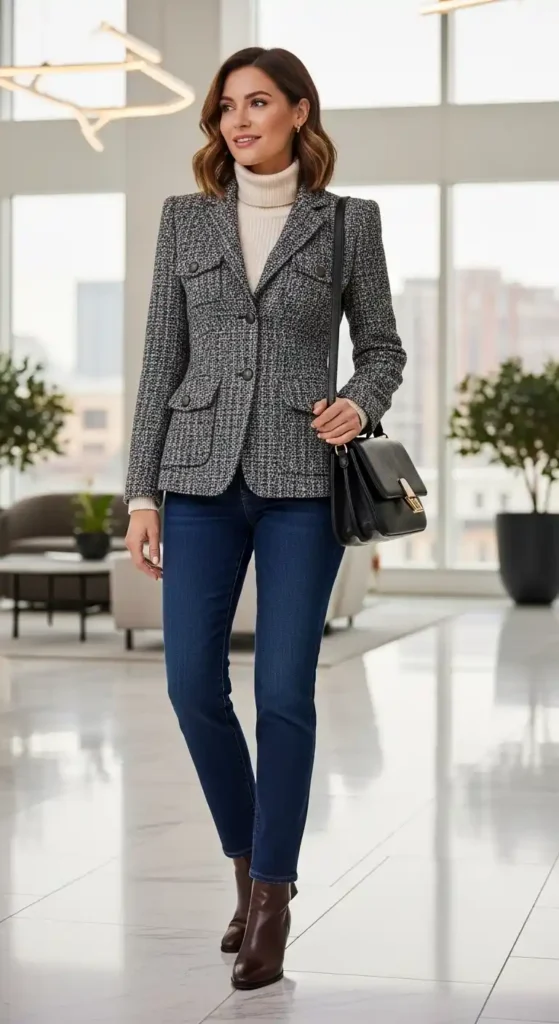 16 Winter Outfits For Work Ideas To Transform Your Office Style 10 structured-tweed-jacket-denim