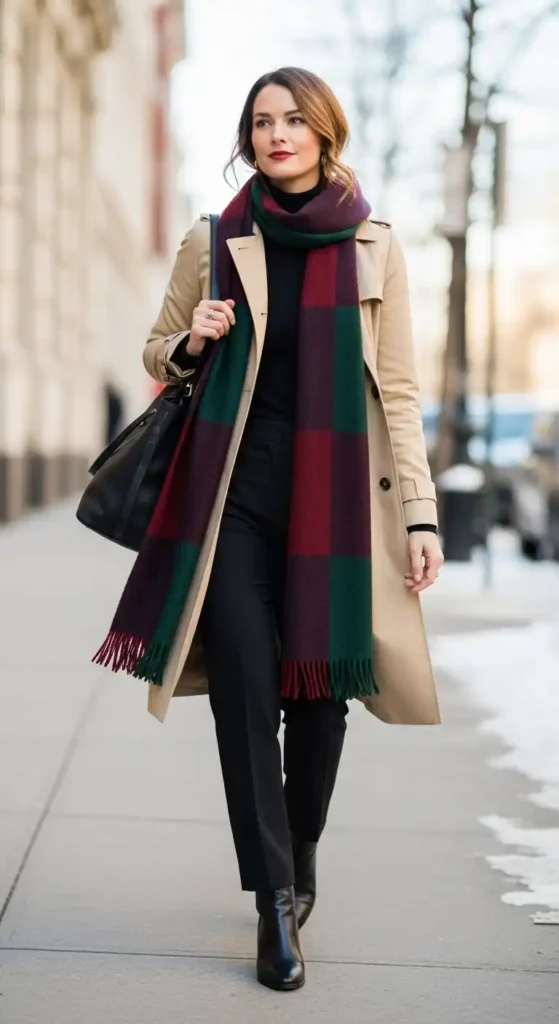 16 Winter Outfits For Work Ideas To Transform Your Office Style 17 trench-coat-scarf-layering