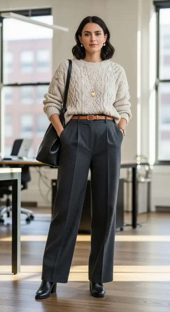 16 Winter Outfits For Work Ideas To Transform Your Office Style 6 wide-leg-trousers-chunky-sweater