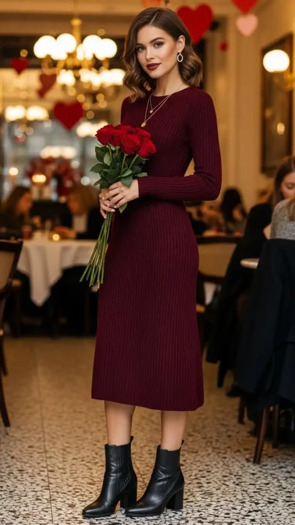 17 Best Classy Valentine Day Outfit Ideas for an Elegant Look 7 burgundy-knit-dress-with-ankle-boots