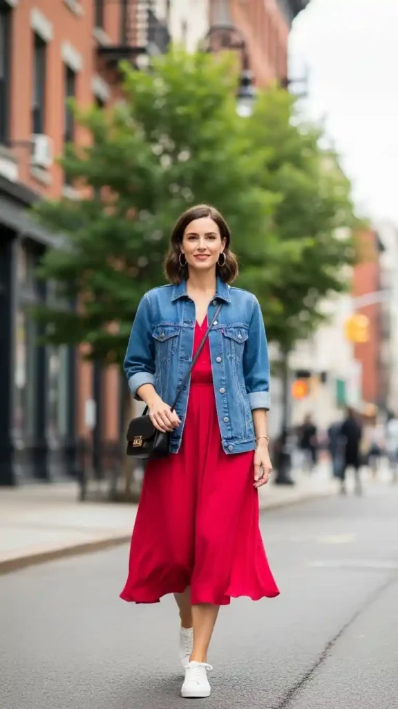 denim-jacket-with-red-midi-dress