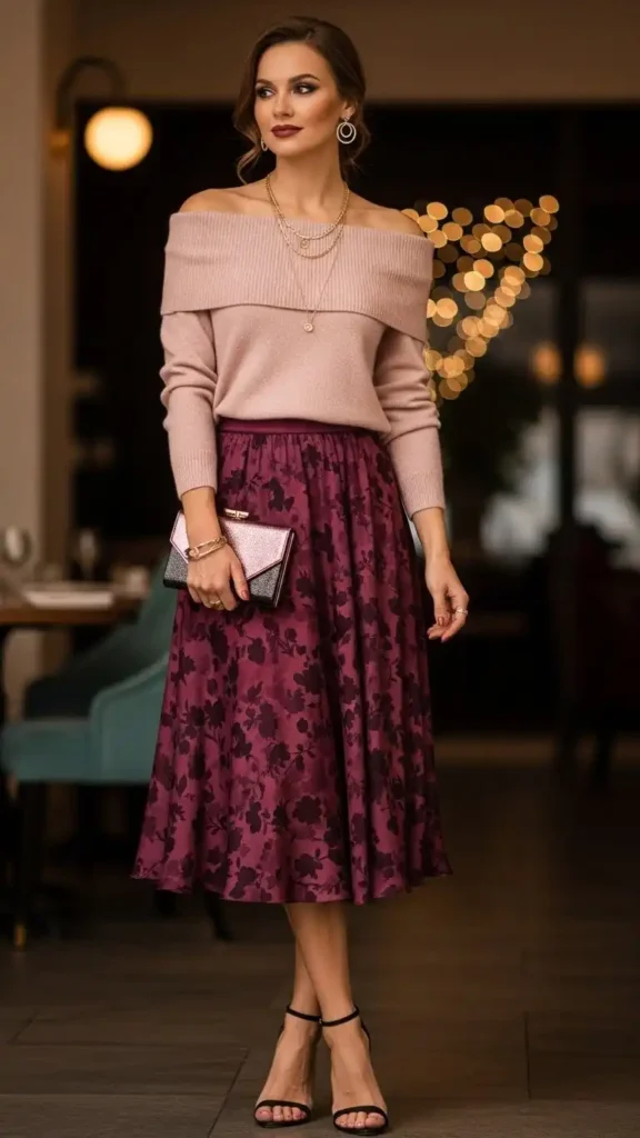 17 Best Classy Valentine Day Outfit Ideas for an Elegant Look 9 off-shoulder-sweater-with-midi-skirt