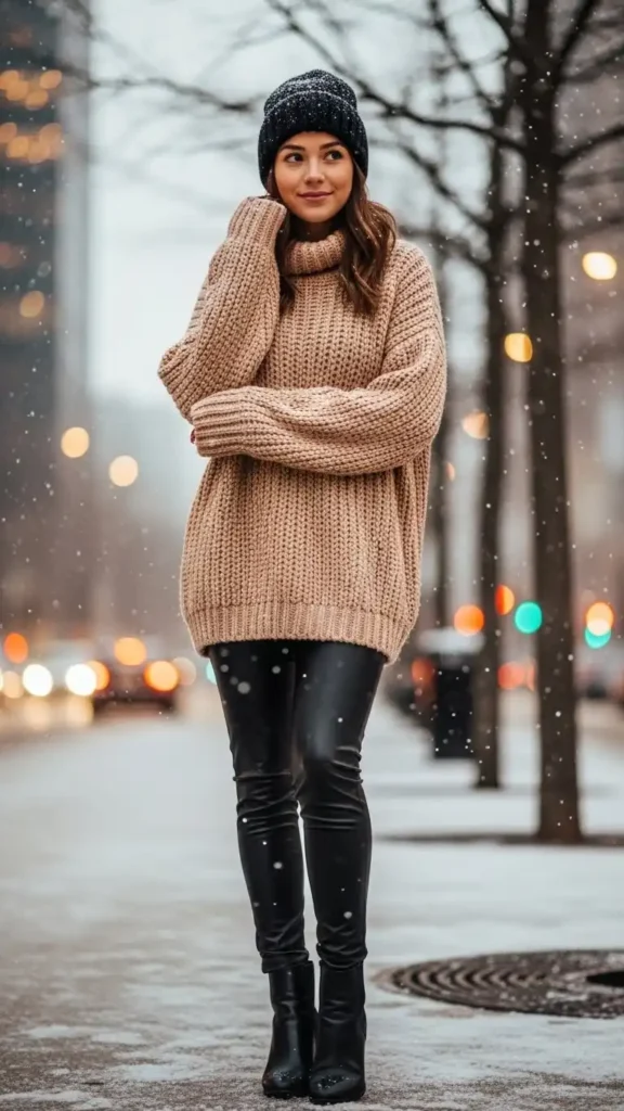 15 Cozy and Practical Winter Outfit Ideas to Stay Warm and Chic 2 oversized-sweater-and-leather-leggings
