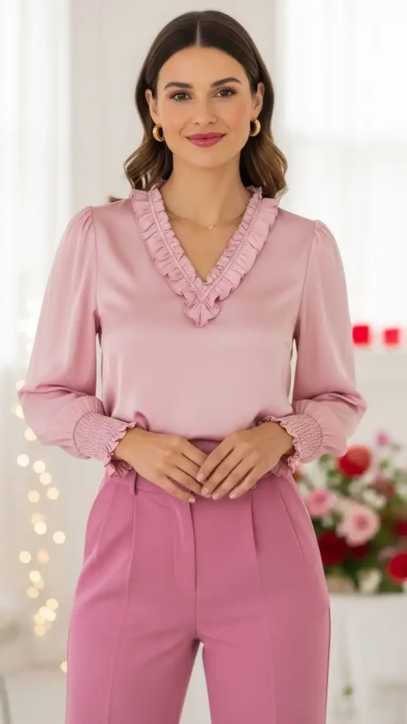 17 Best Classy Valentine Day Outfit Ideas for an Elegant Look 12 pink-blouse-with-tailored-trousers