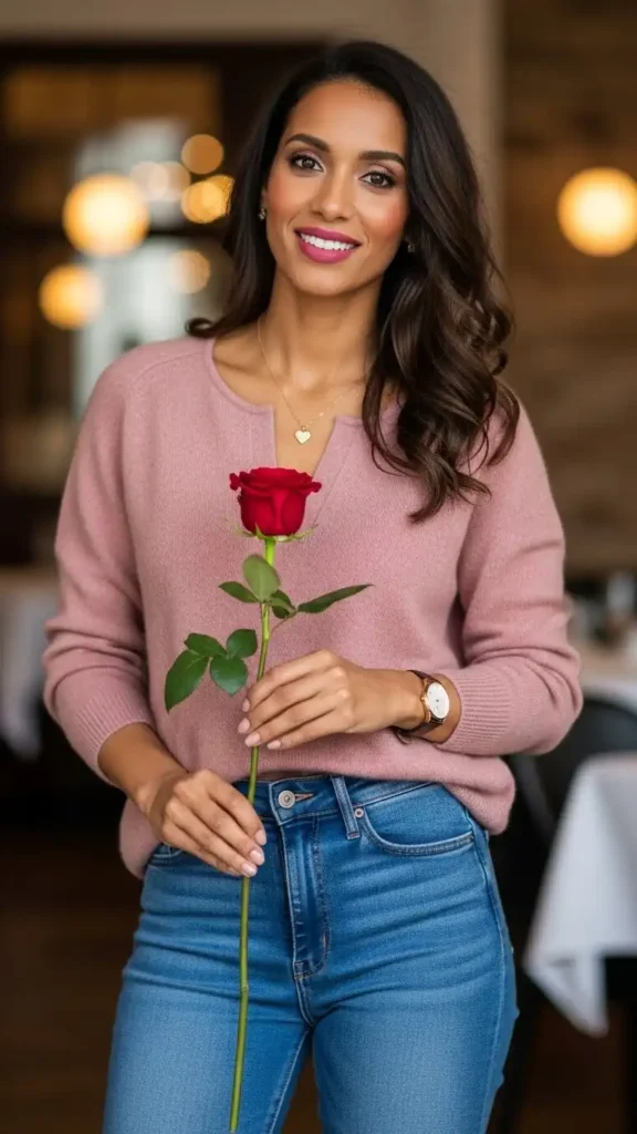 17 Best Classy Valentine Day Outfit Ideas for an Elegant Look 4 pink-sweater-with-dark-jeans