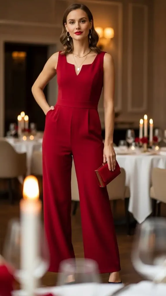 17 Best Classy Valentine Day Outfit Ideas for an Elegant Look 13 red-jumpsuit-with-simple-accessories