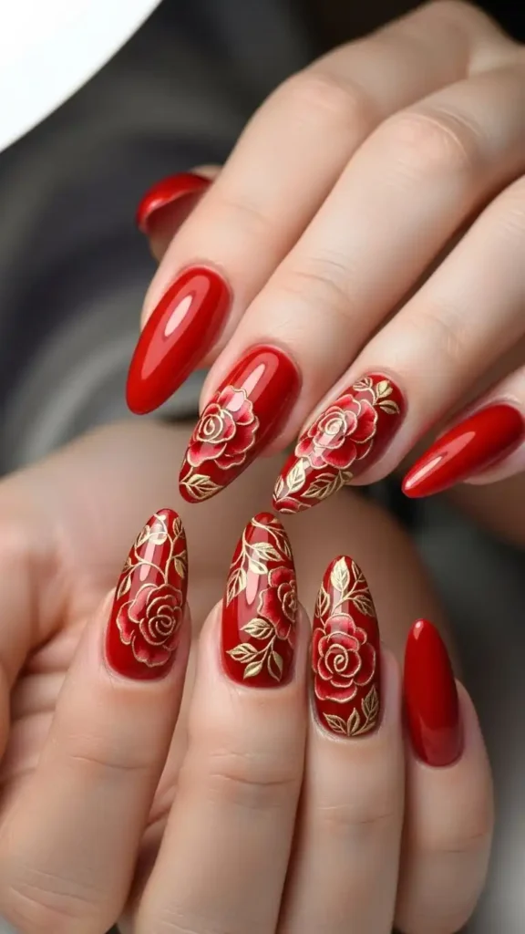 red-nails-with-floral-patterns