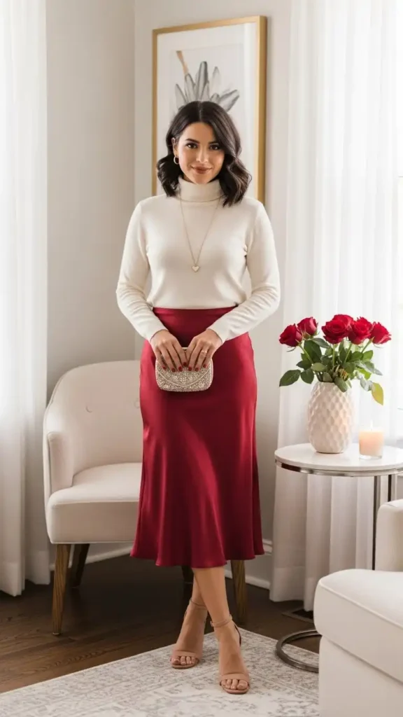 17 Best Classy Valentine Day Outfit Ideas for an Elegant Look 11 satin-slip-skirt-with-turtleneck-sweater
