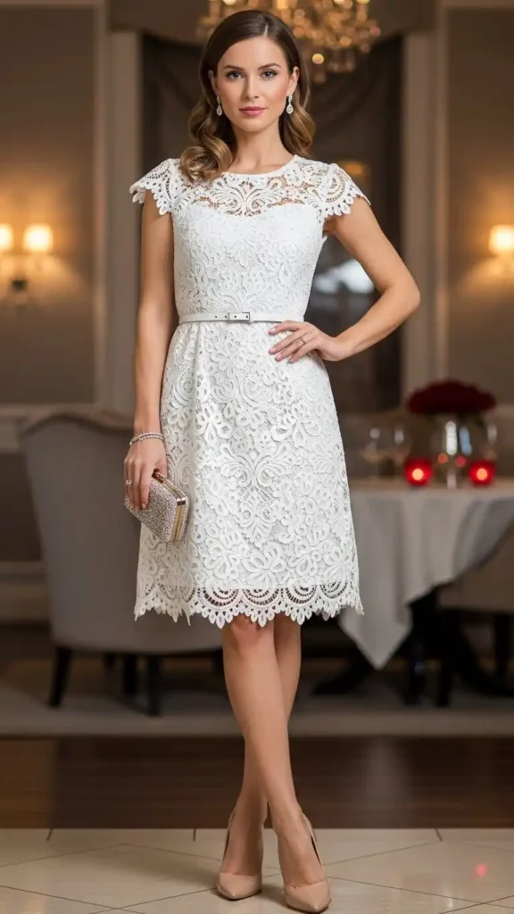 17 Best Classy Valentine Day Outfit Ideas for an Elegant Look 16 white-lace-dress-with-nude-pumps