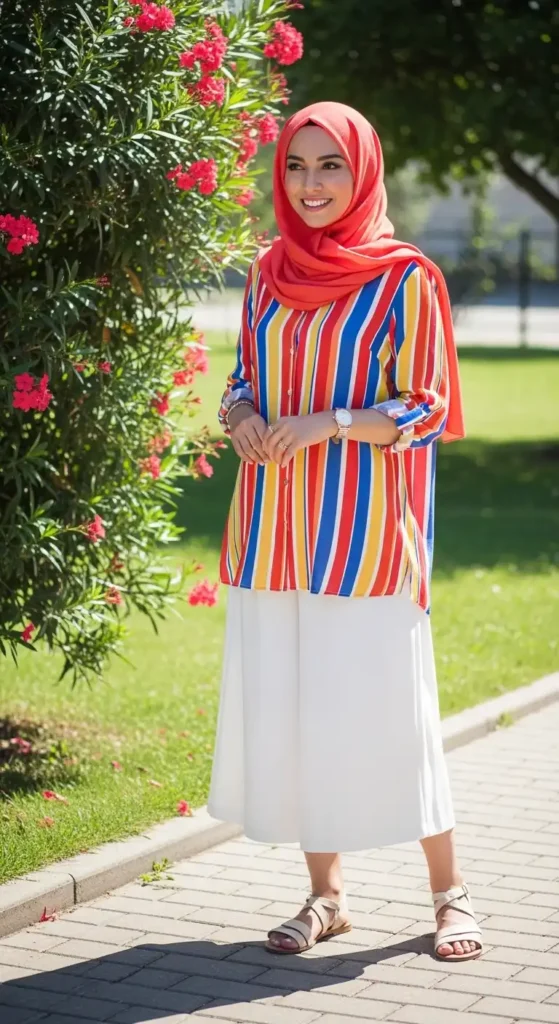 coral-hijab-with-striped-shirt-and-white-culottes