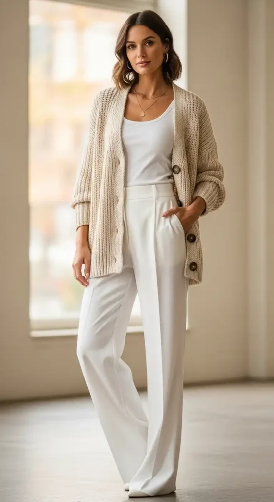 knit-cardigan-and-white-wide-leg-pants