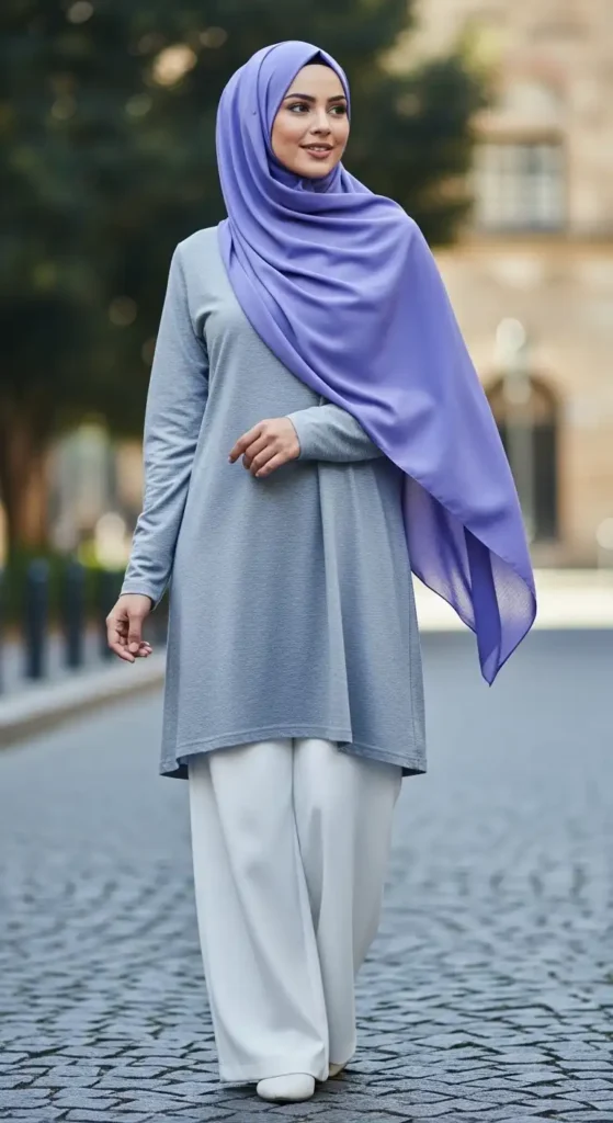 lavender-hijab-with-grey-tunic-and-white-pants