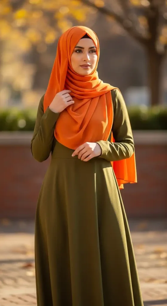 orange-hijab-with-olive-green-dress