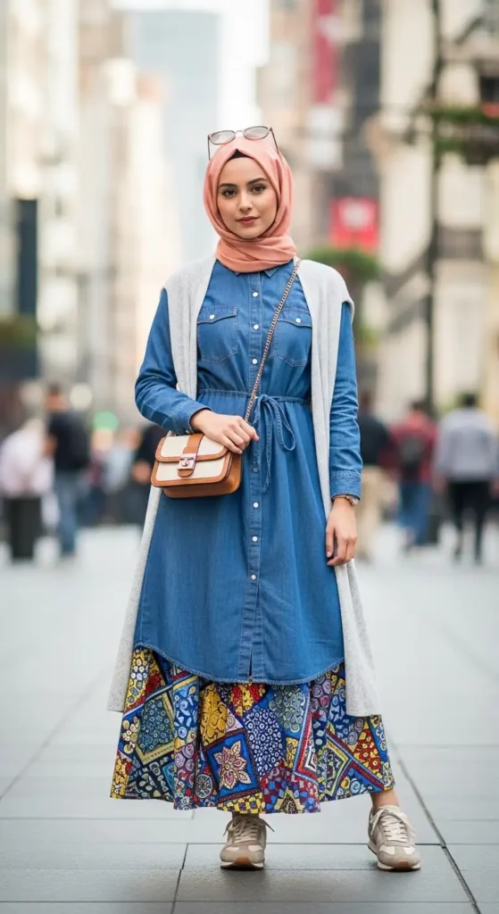peach-hijab-with-denim-shirt-dress