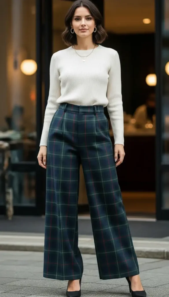 ribbed-sweater-plaid-wide-leg-pants