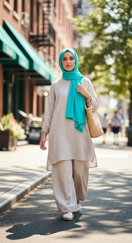 turquoise-hijab-with-neutral-tunic-and-wide-leg-pants