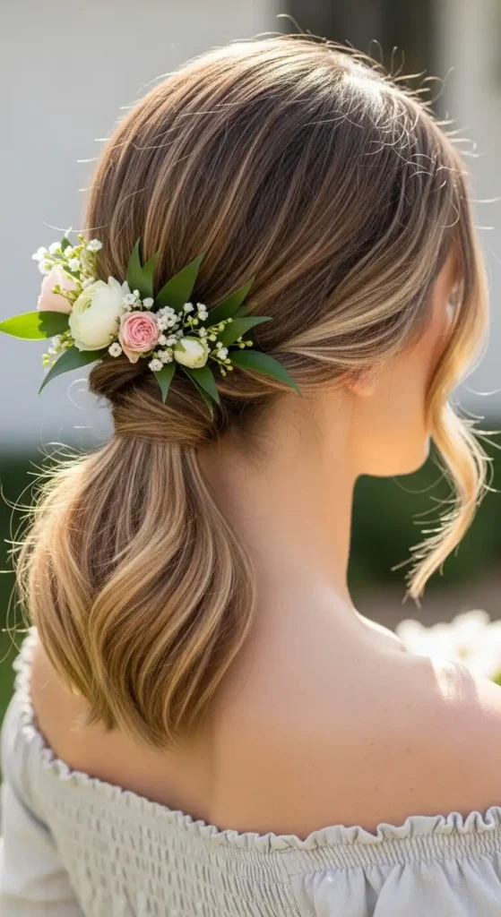 twisted-low-ponytail-with-floral-accent