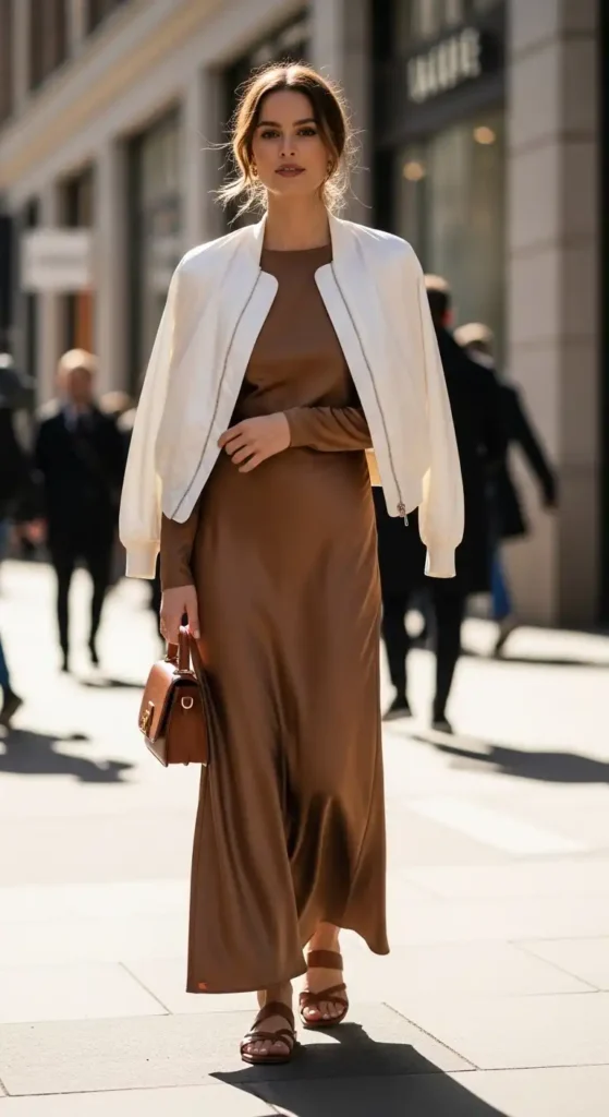white-jacket-satin-maxi-dress-and-brown-flats