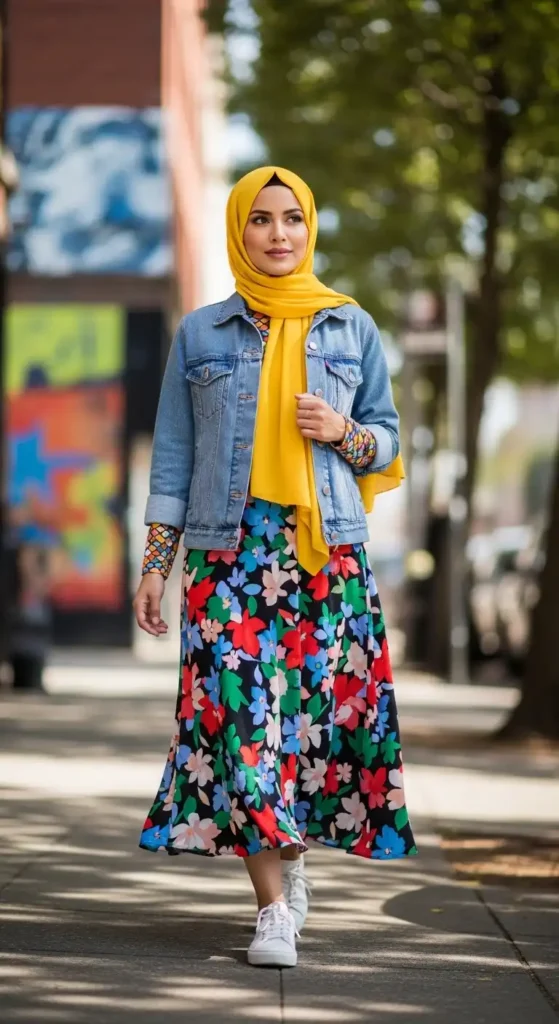 yellow-hijab-with-denim-jacket-and-floral-skirt