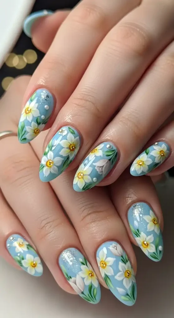 blue-floral-art-on-almond-shaped-nails