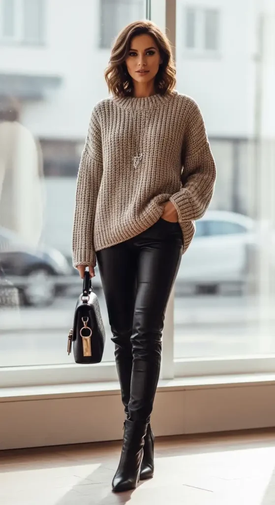 chunky-knit-sweater-with-leather-pants