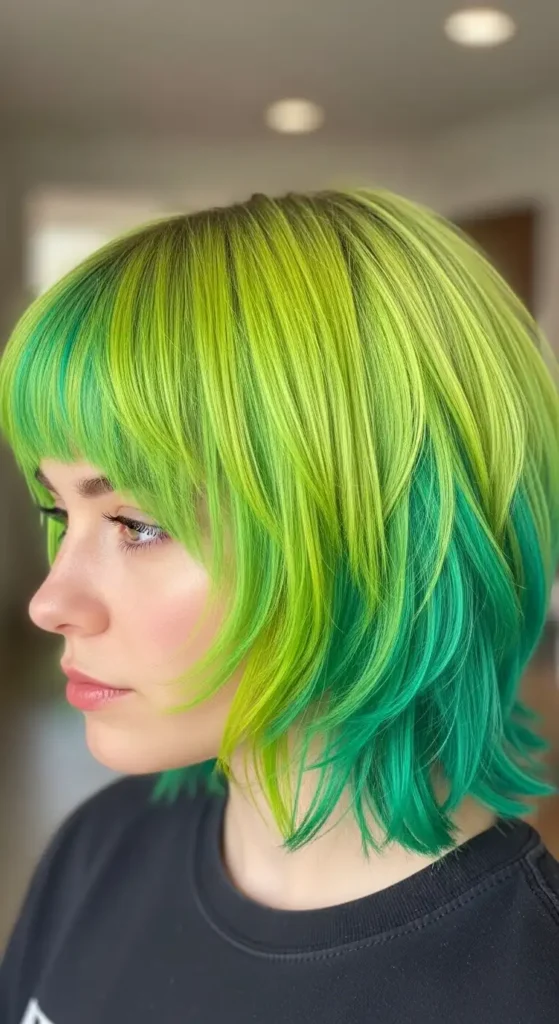 17 Gorgeous Colorful Short Hairstyles for Every Personality 10 neon-green-shag