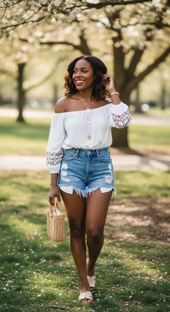 off-shoulder-white-top-and-denim-shorts-for-casual-days