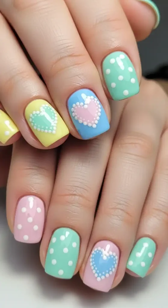 playful-dotted-hearts-on-short-nails