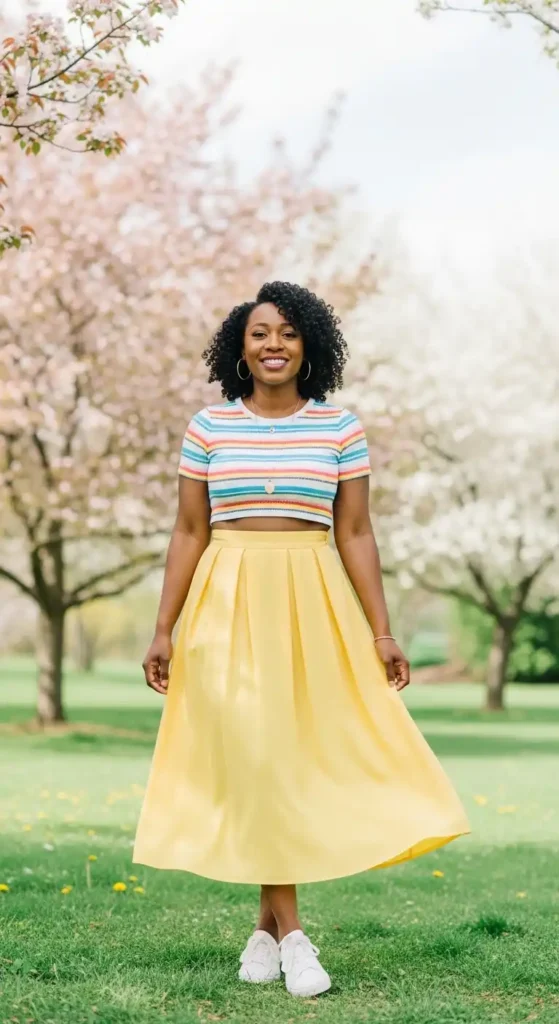 striped-crop-top-and-yellow-skirt-for-weekend-vibes