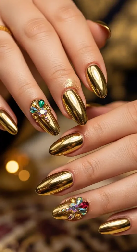 gold-chrome-nails-with-gemstone-accents