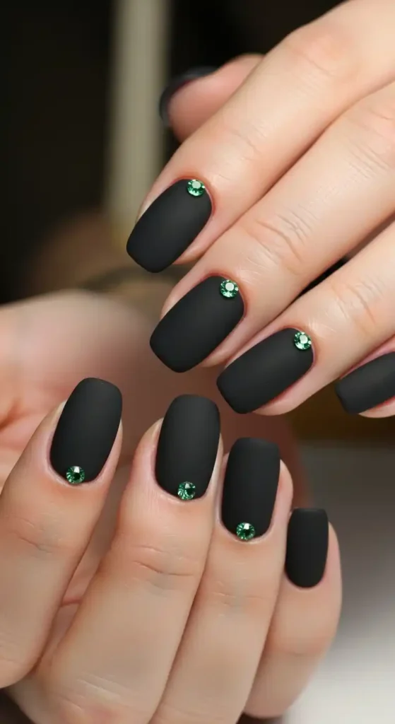 black-matte-nails-with-emerald-crystals