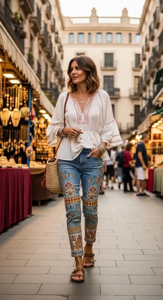 boho-print-ankle-jeans-with-peasant-blouse